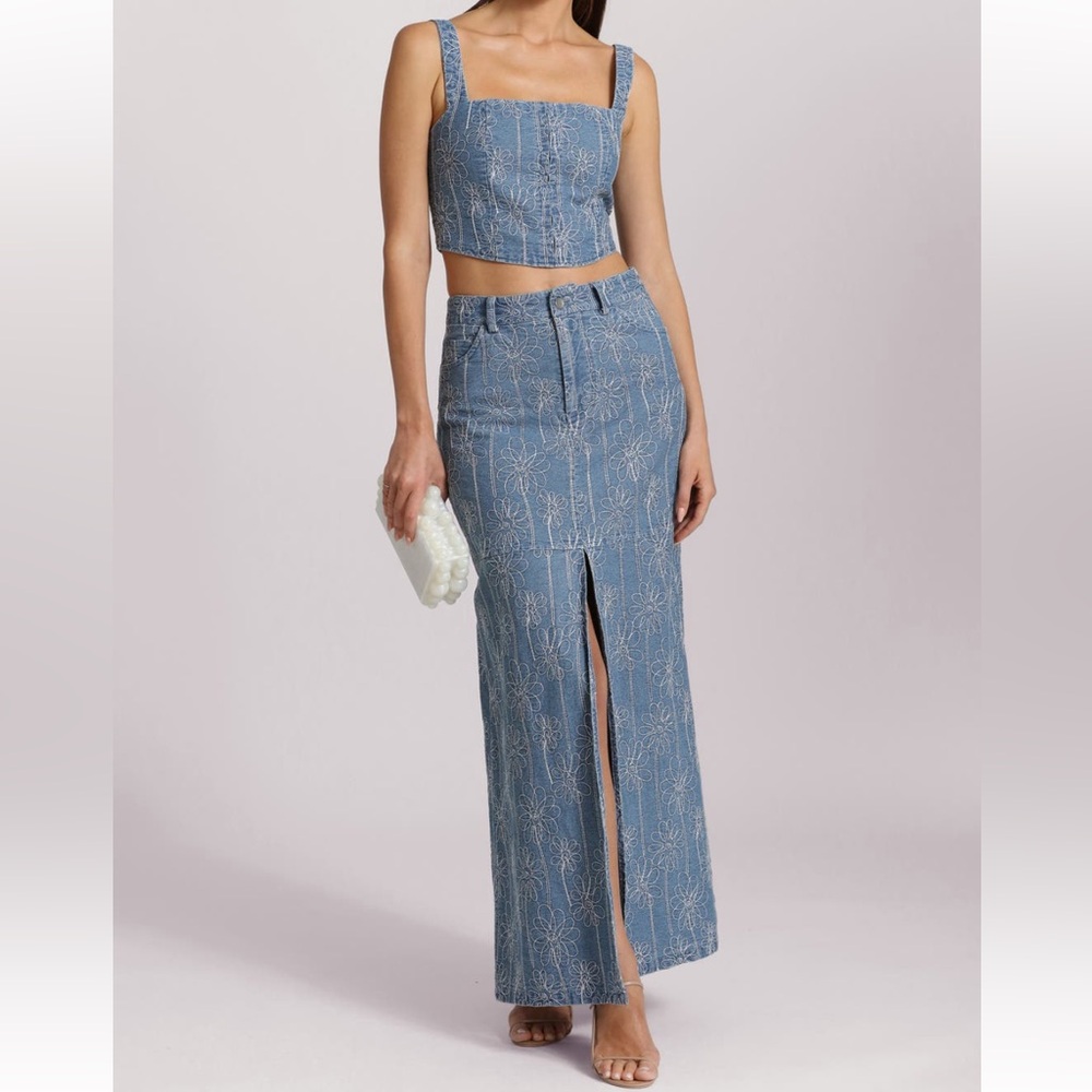 Avec Les Filles Floral Denim Corset & Skirt
